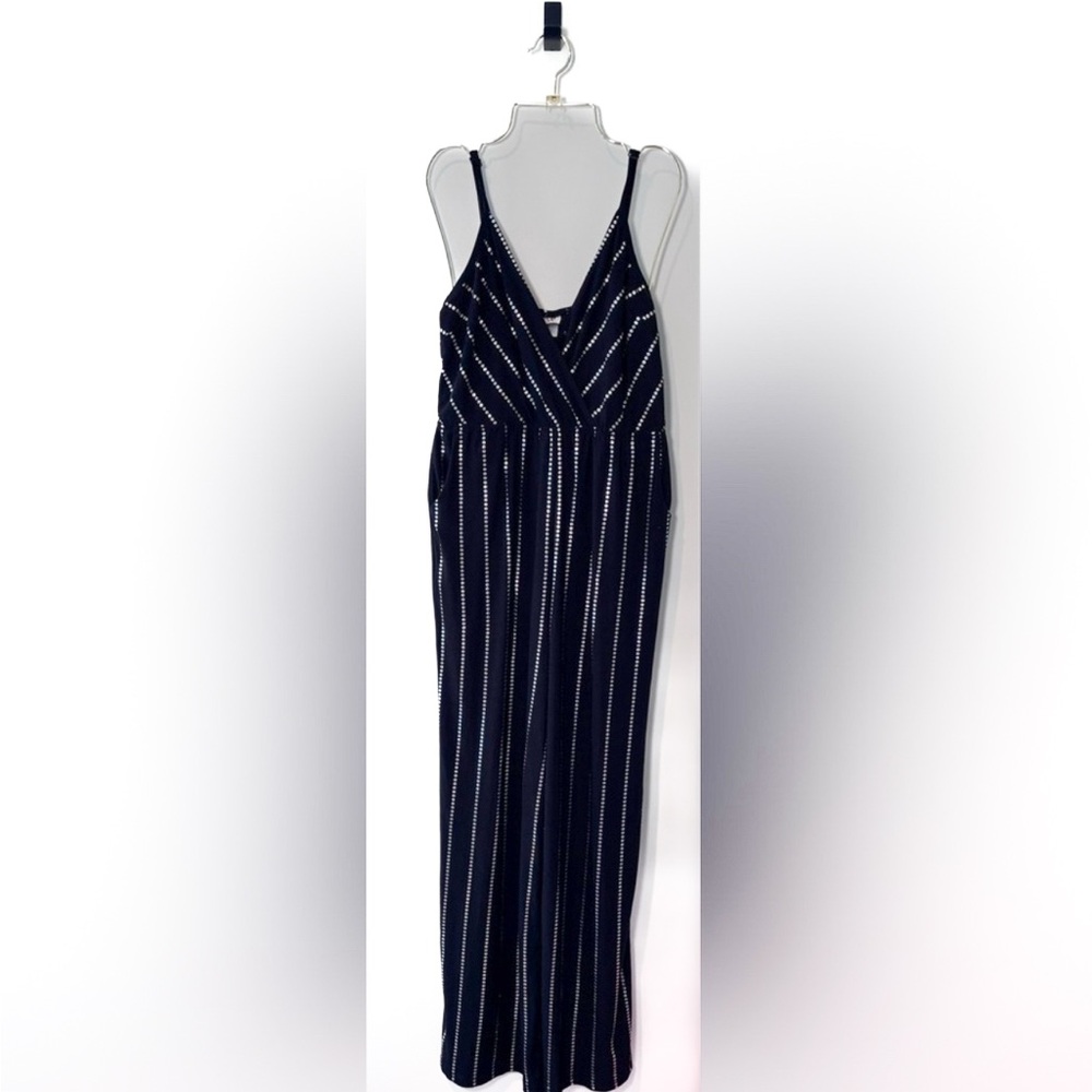WRAPPER Black Silver Dot Adjustable Strap Full Length Romper Pockets Size XL